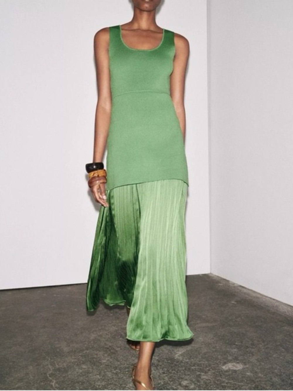 ZARA Pleated Knit Combination Dress Green